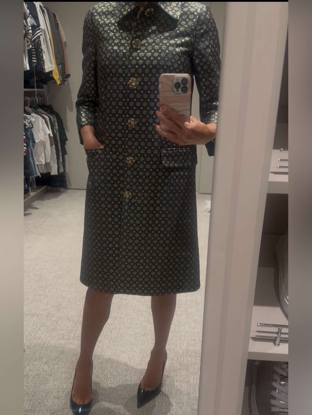 ERDEM Metallic Brocade Long women’s Coat - Navy & Gold